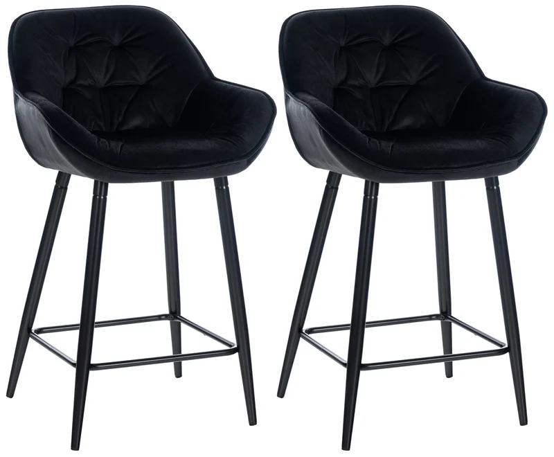 Lot de 2 tabourets de bar chaises hautes assise effet capitonnée en velours noir et métal noir 10_0004162