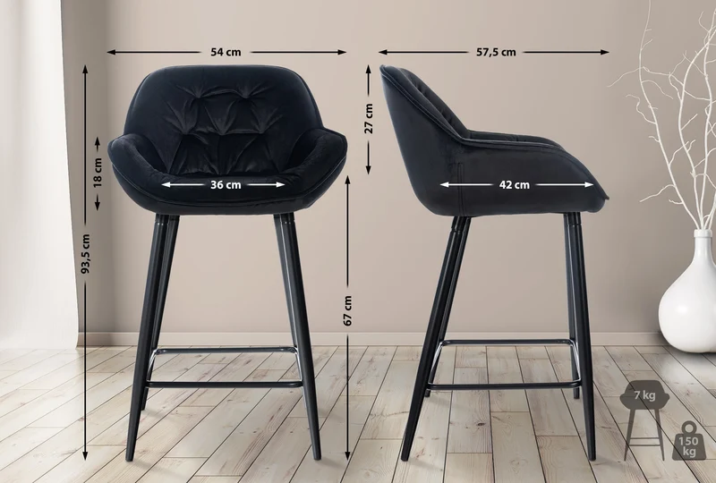 Lot de 2 tabourets de bar chaises hautes assise effet capitonnée en velours noir et métal noir 10_0004162