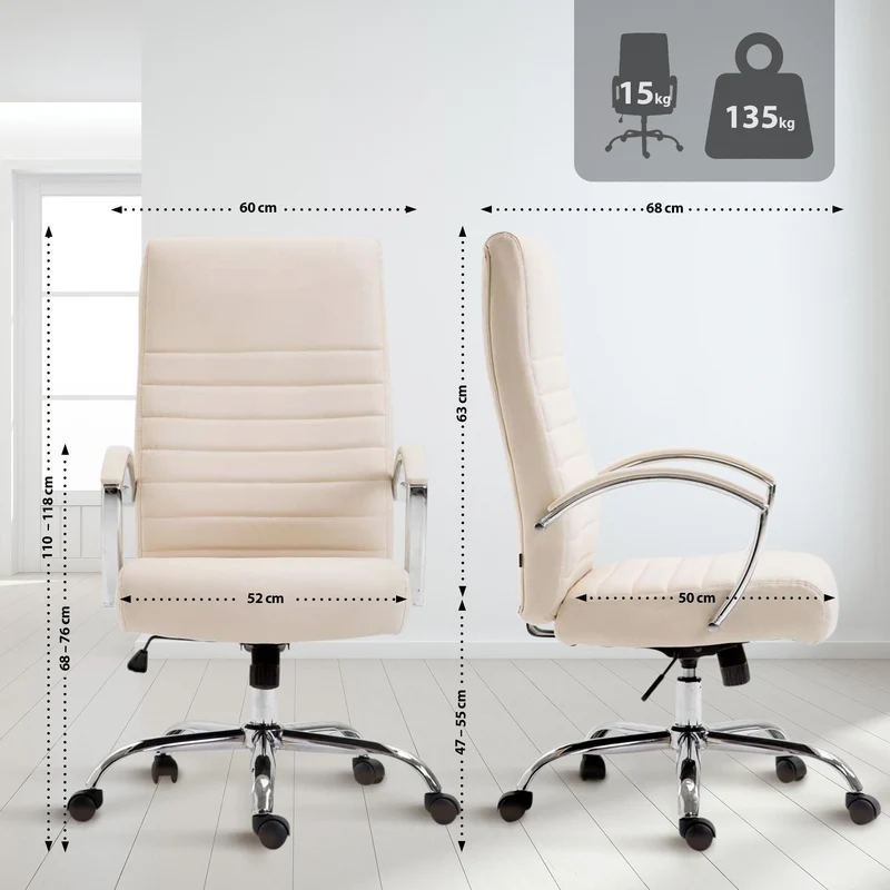 Fauteuil de bureau mécanisme d'inclinaison accoudoirs coutures décoratives en PVC crème et métal chromé 10_0006999