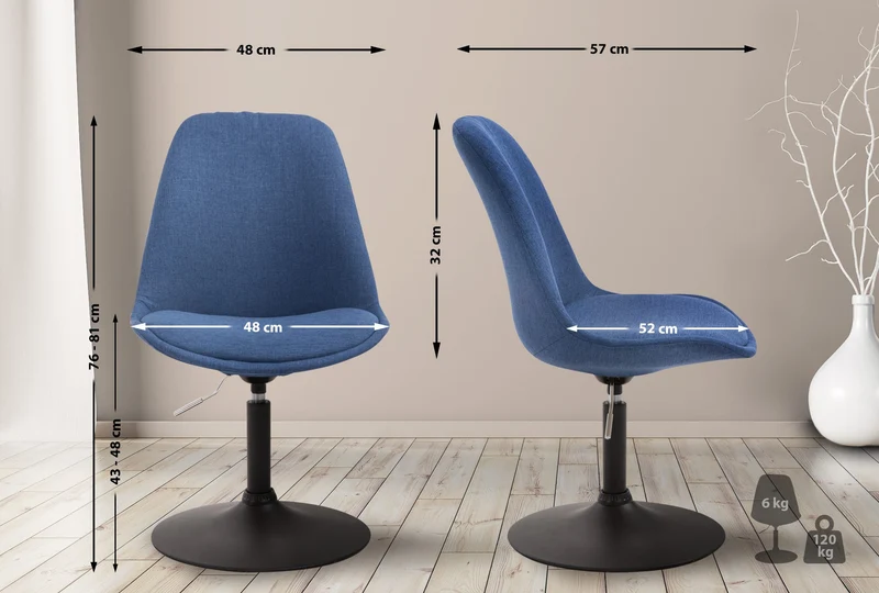 Chaise de salle à manger x1 pivotante hauteur réglable en tissu bleu et pied trompette en métal noir 10_0003767