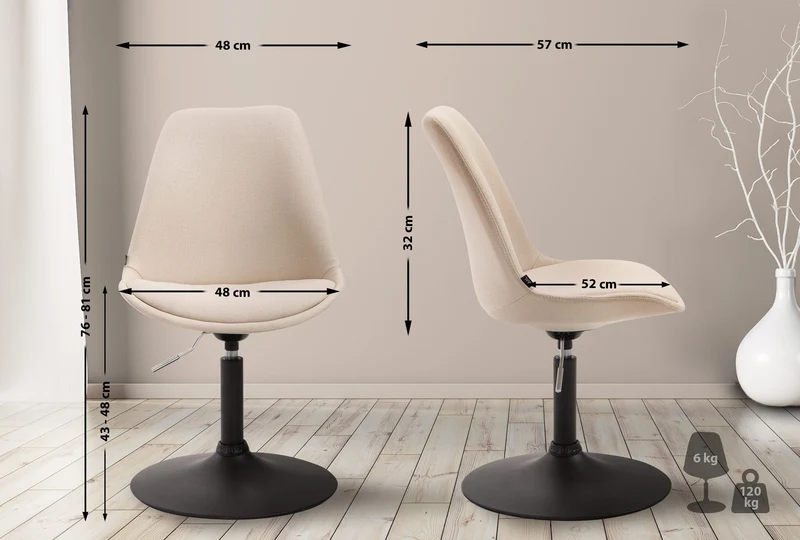 Chaise de salle à manger x1 pivotante hauteur réglable en tissu crème et pied trompette en métal noir 10_0003769
