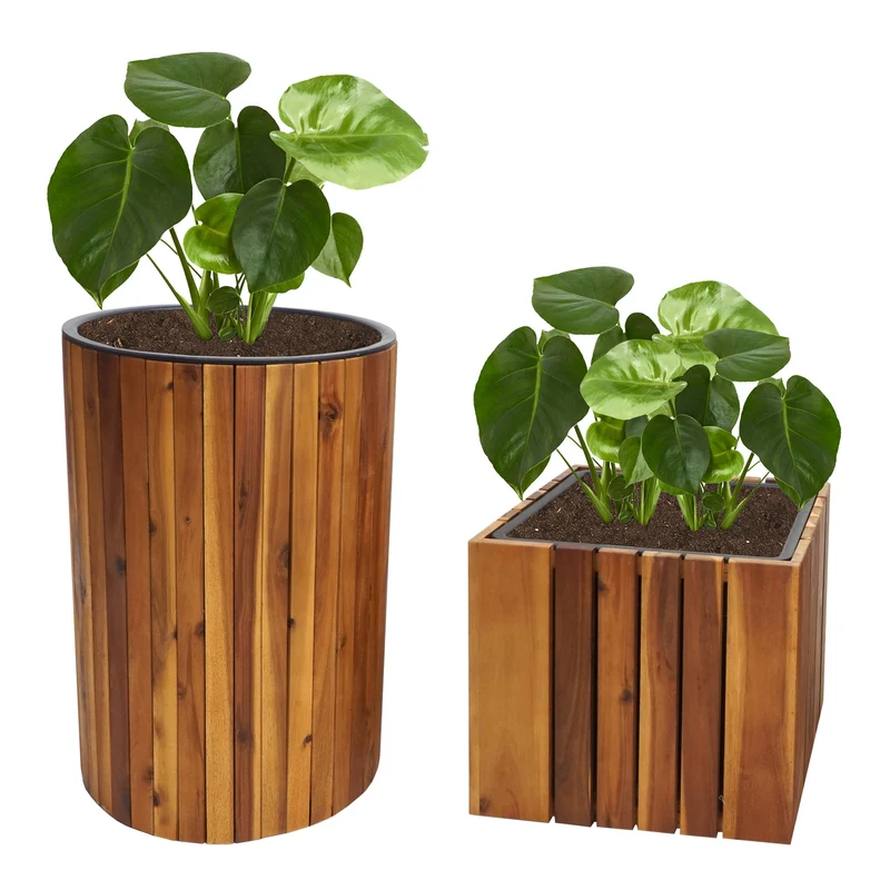 Lot de 2 jardinières cache-pot pot de fleur bac à fleurs rond carré extérieur bois d'acacia marron 04_0007414