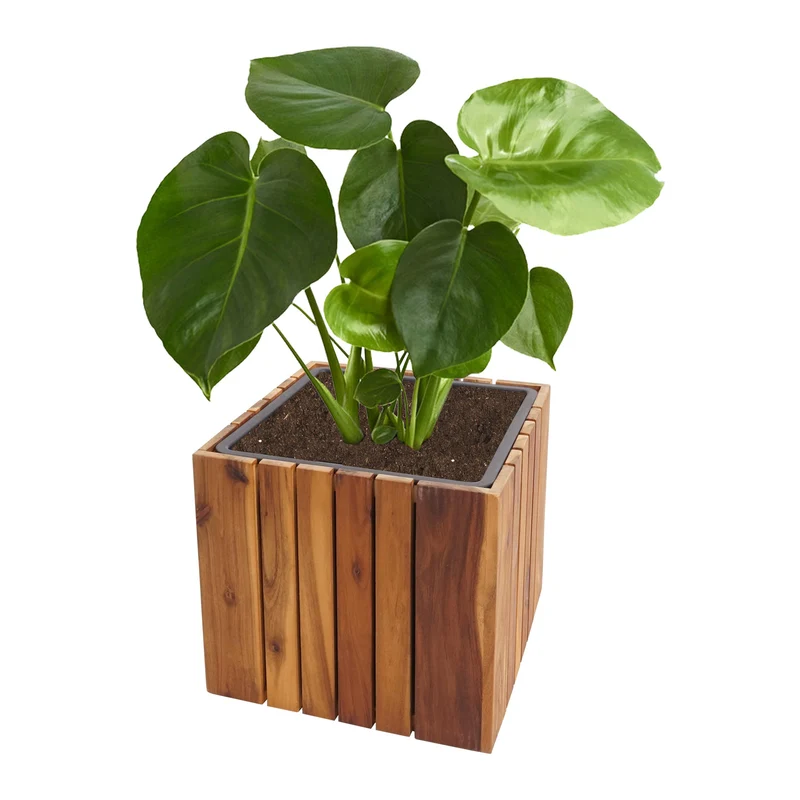 Jardinière pot de fleurs cache-pot carré 32x32x32 cm pour extérieur en bois d'acacia marron 04_0007219