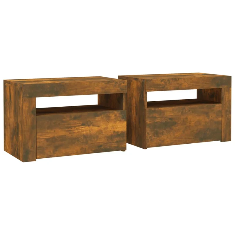 Lot de 2 tables de chevet avec lumière LED et espace de rangement 60 x 35 x 40 cm bois d'ingénierie marron DEC034837