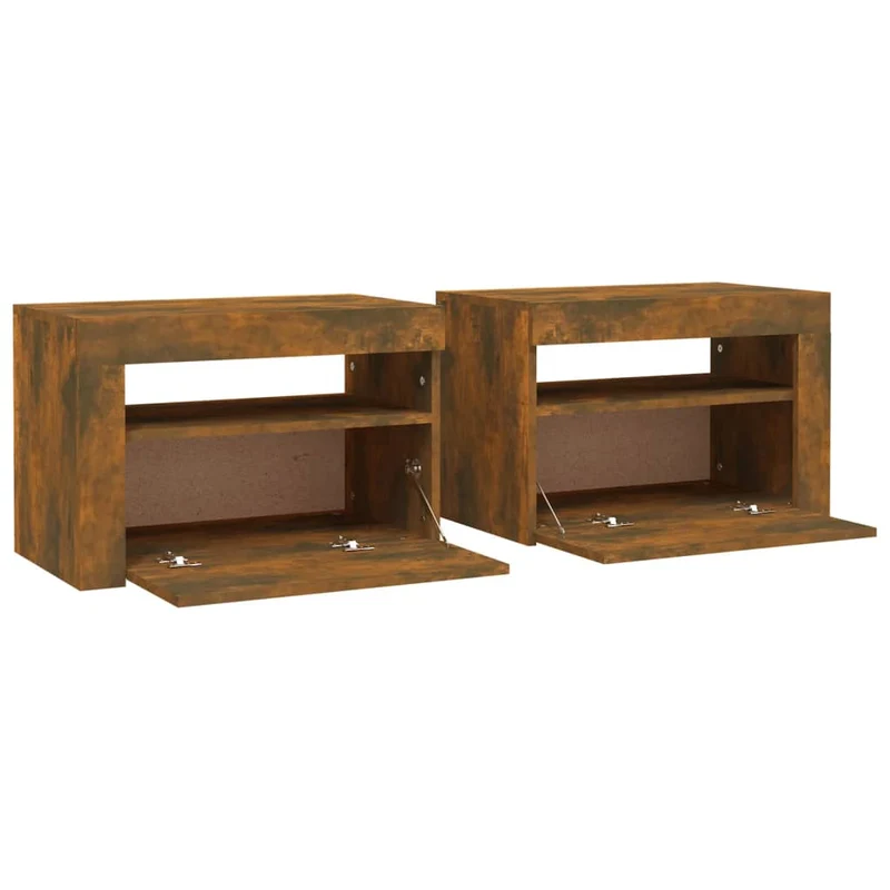 Lot de 2 tables de chevet avec lumière LED et espace de rangement 60 x 35 x 40 cm bois d'ingénierie marron DEC034837