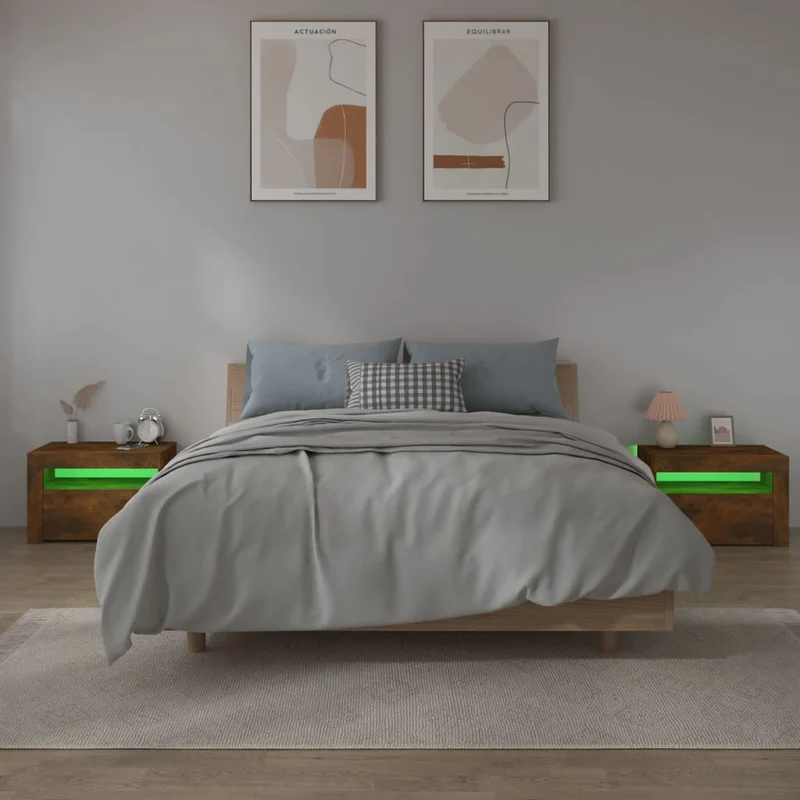 Lot de 2 tables de chevet avec lumière LED et espace de rangement 60 x 35 x 40 cm bois d'ingénierie marron DEC034837