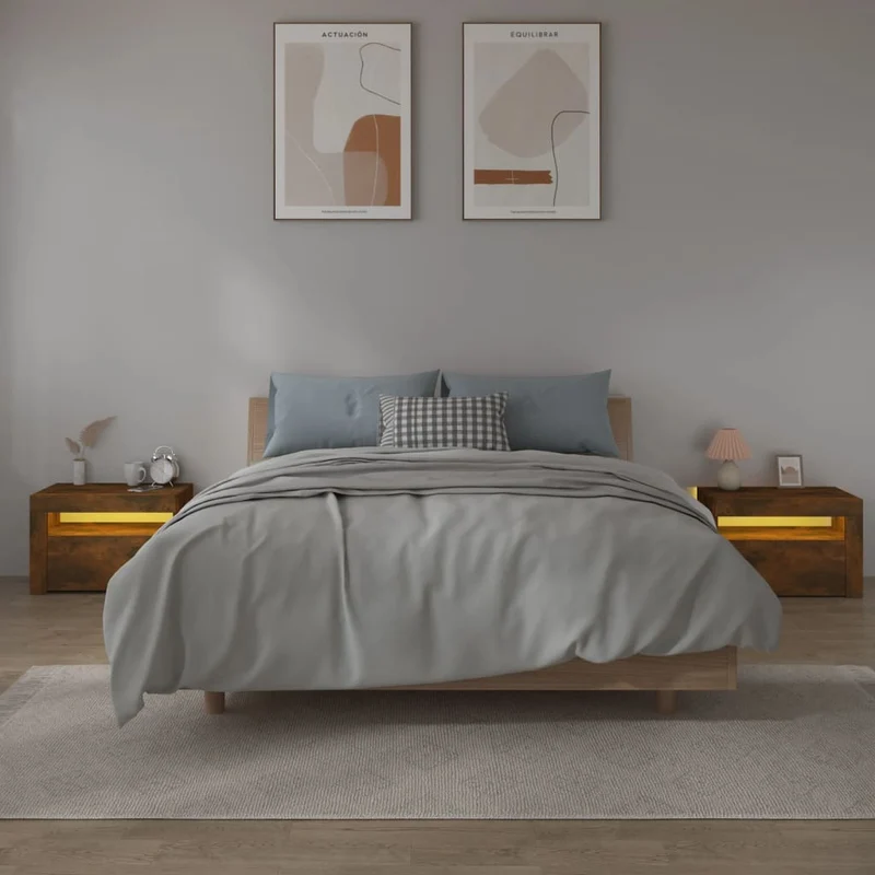 Lot de 2 tables de chevet avec lumière LED et espace de rangement 60 x 35 x 40 cm bois d'ingénierie marron DEC034837