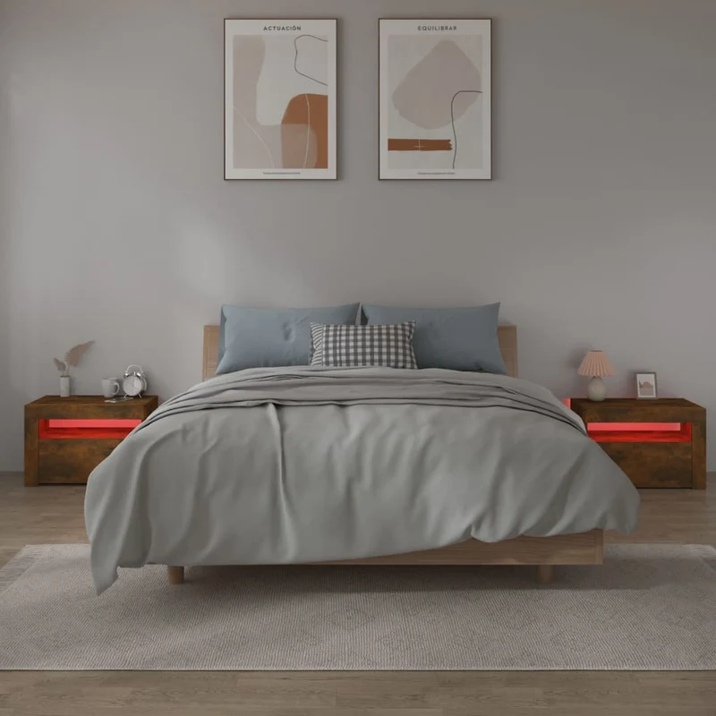 Lot de 2 tables de chevet avec lumière LED et espace de rangement 60 x 35 x 40 cm bois d'ingénierie marron DEC034837