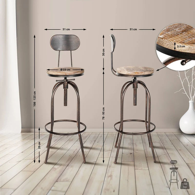 Tabouret de bar x1 design industriel avec dossier repose-pieds en bois et métal bronze 10_0005823