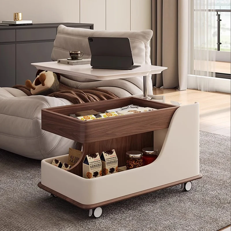 Traditional Chinese Sintered Stone Medium-Density Fiberboard Metal Mobile Rectangular Curved Side Table 2-Tier For Living Room