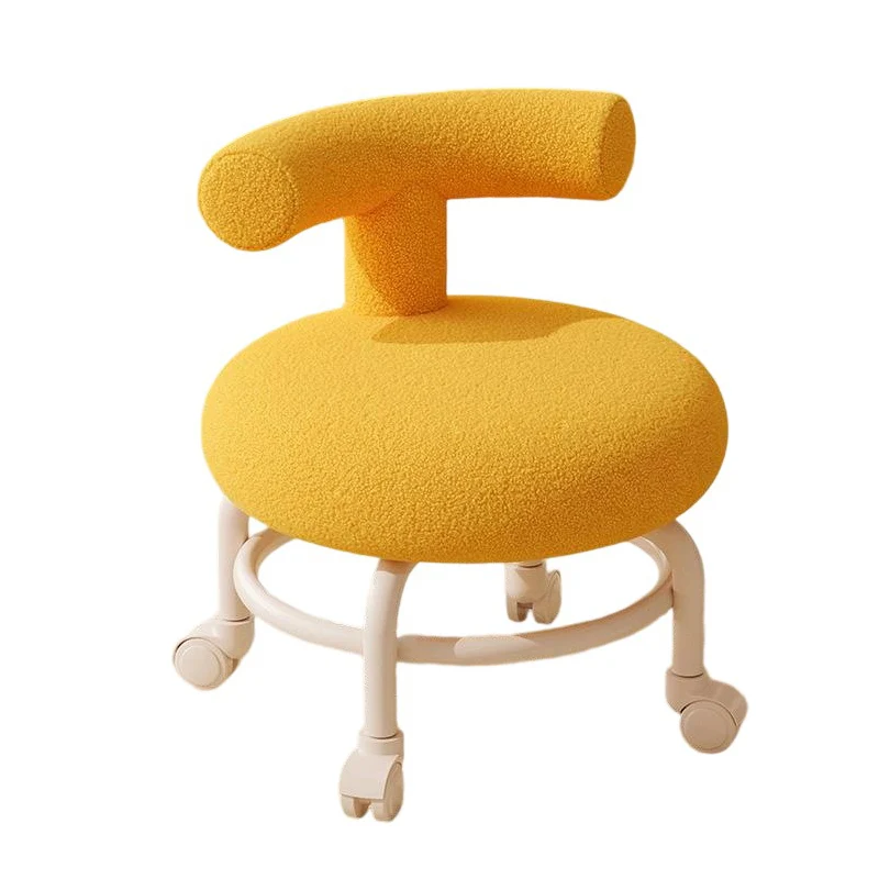 Contemporary Scandinavian Fleece Sherpa Fabric Solid Wood Steel Round Curved Low Stool With Backrest For Living Room