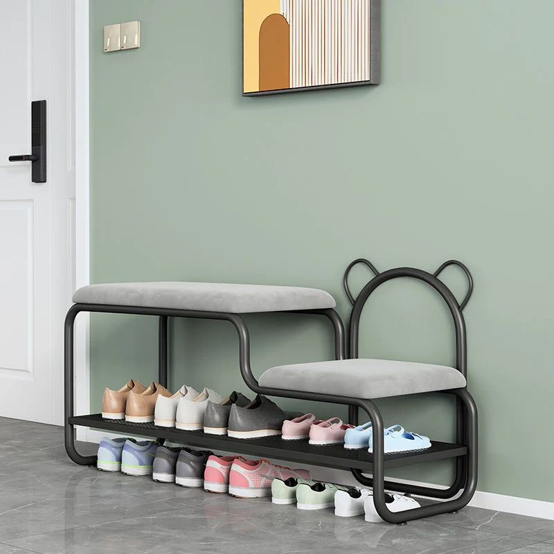 Contemporary Creative Velvet Iron Bear-Shaped Curved Rectangular Shoe Bench With Backrest For Entryway & Living Room
