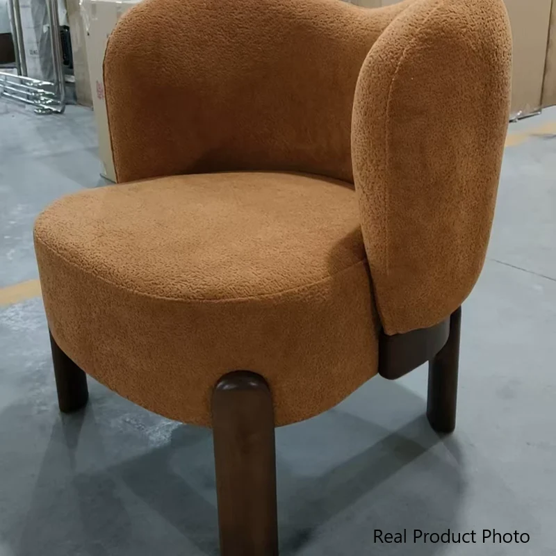 Traditional Chinese Chenille Fabric Oak Wood Curved Round Accent Chair With Backrest For Living Room