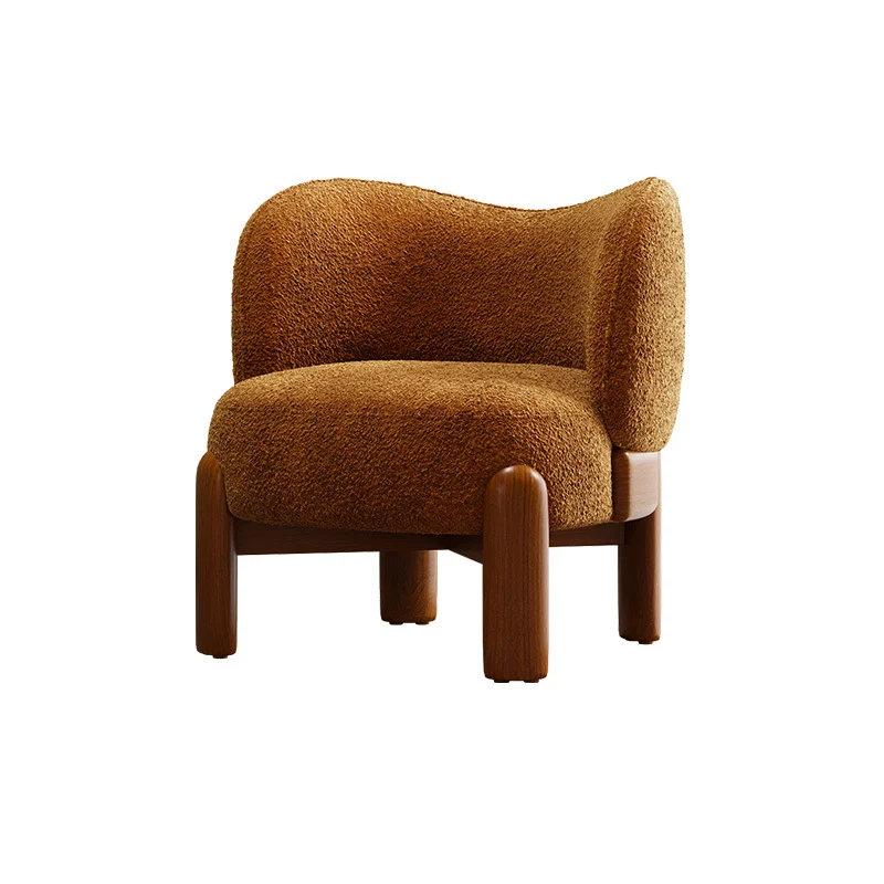 Traditional Chinese Chenille Fabric Oak Wood Curved Round Accent Chair With Backrest For Living Room