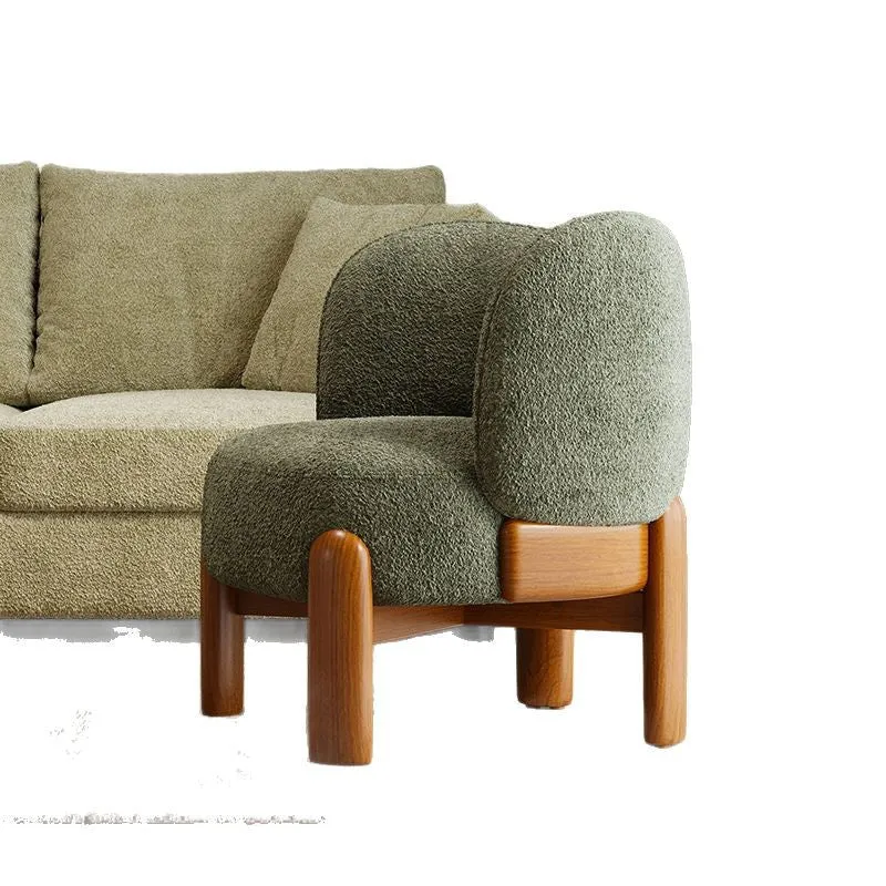 Traditional Chinese Chenille Fabric Oak Wood Curved Round Accent Chair With Backrest For Living Room