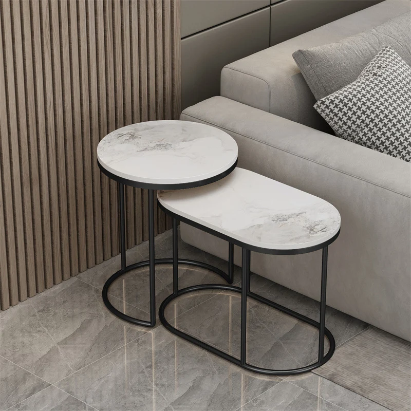 Contemporary Scandinavian Sintered Stone Iron Round Oval Side Table With 2-Tier Storage For Living Room