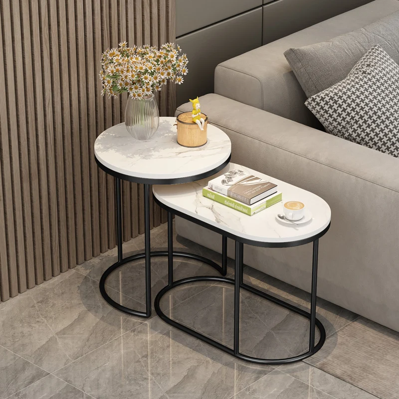 Contemporary Scandinavian Sintered Stone Iron Round Oval Side Table With 2-Tier Storage For Living Room