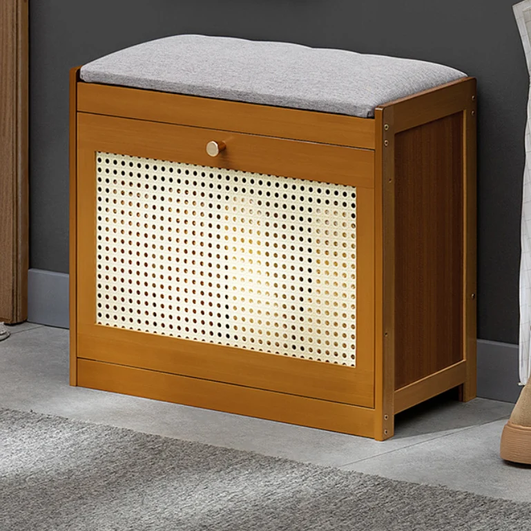 Traditional Japanese Bamboo ABS Linen Rectangular Ventilated Shoe Bench For Entryway & Living Room