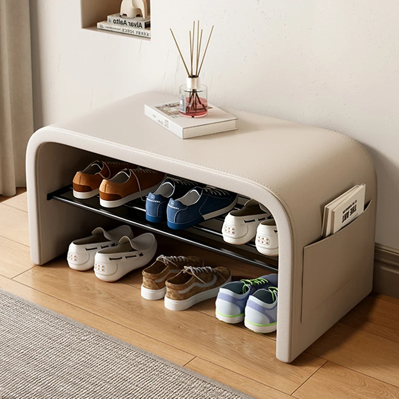 Contemporary Scandinavian Faux Leather Stainless Steel Arched Shoe Storage 1-Tier For Entryway & Living Room