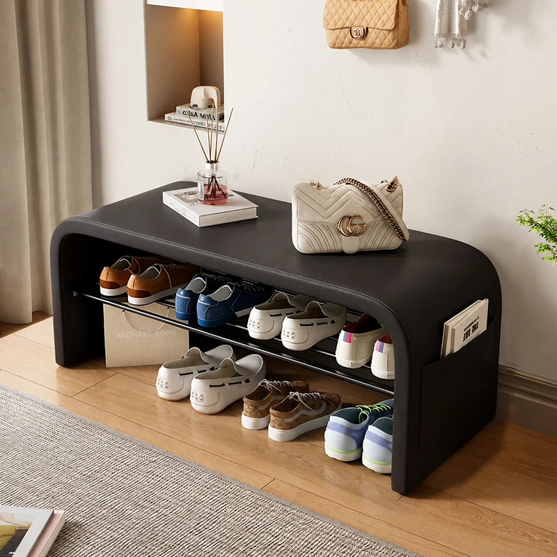 Contemporary Scandinavian Faux Leather Stainless Steel Arched Shoe Storage 1-Tier For Entryway & Living Room