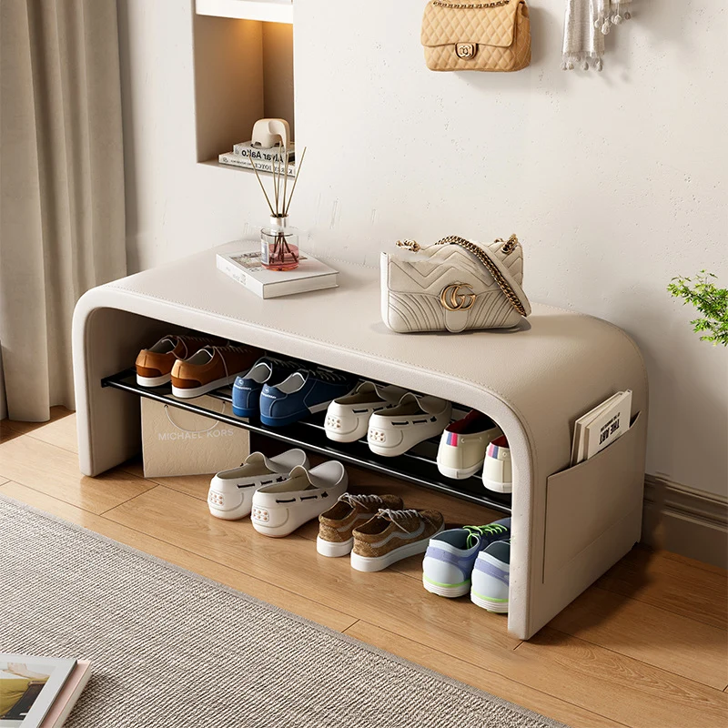 Contemporary Scandinavian Faux Leather Stainless Steel Arched Shoe Storage 1-Tier For Entryway & Living Room