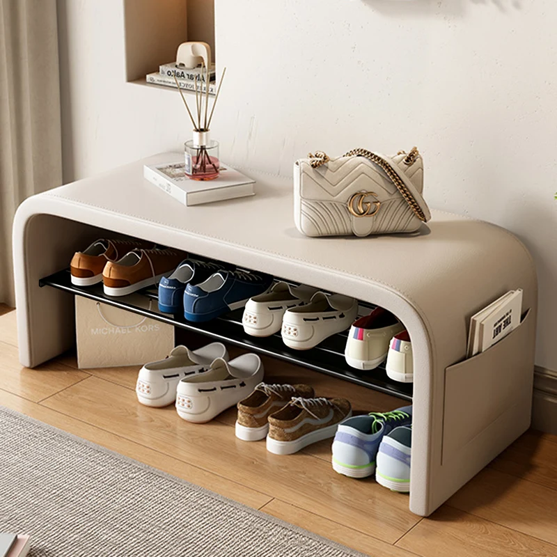 Contemporary Scandinavian Faux Leather Stainless Steel Arched Shoe Storage 1-Tier For Entryway & Living Room