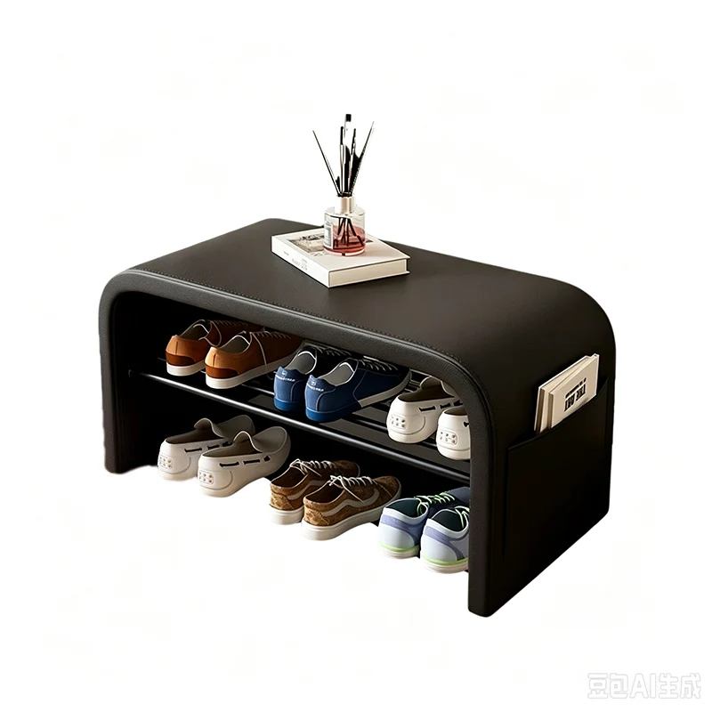 Contemporary Scandinavian Faux Leather Stainless Steel Arched Shoe Storage 1-Tier For Entryway & Living Room