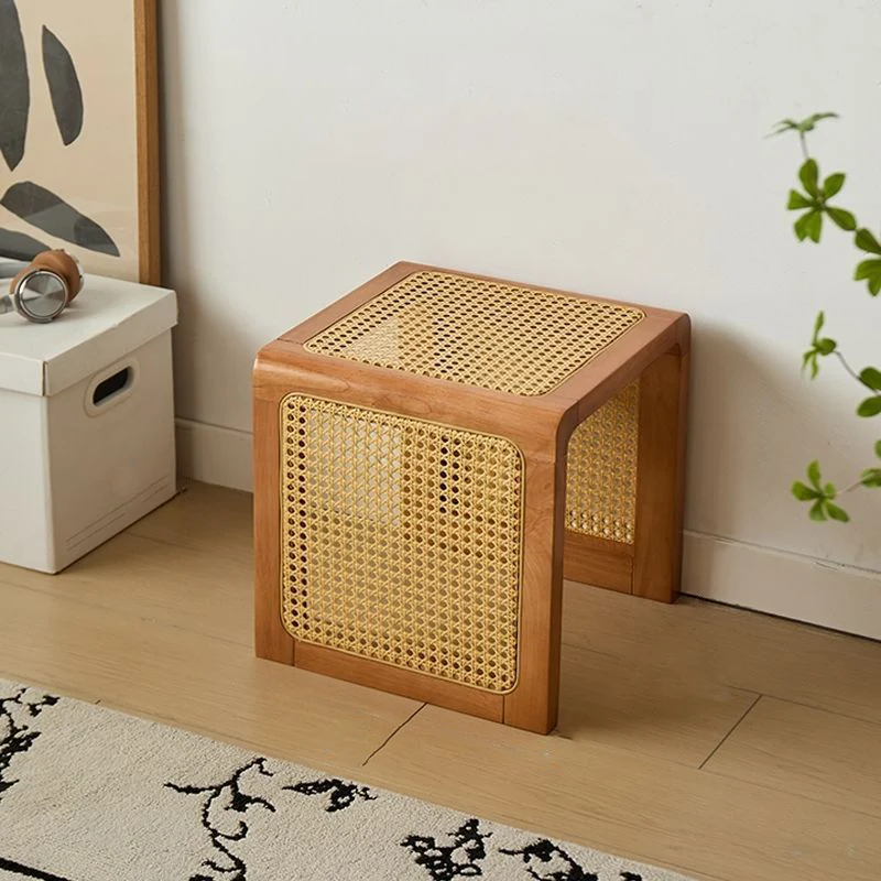 Traditional Rustic U-Shape Plywood Faux Rattan Weaving End Table 2-Tier For Living Room