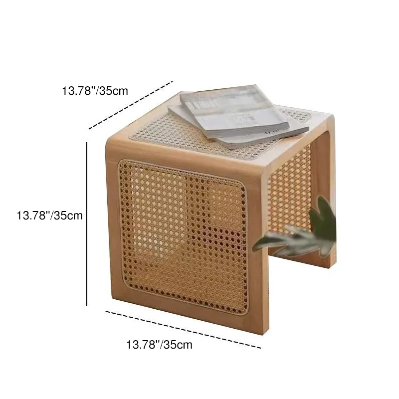 Traditional Rustic U-Shape Plywood Faux Rattan Weaving End Table 2-Tier For Living Room