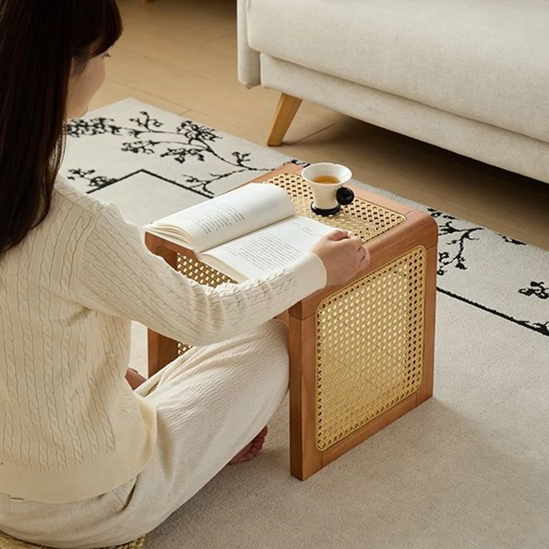 Traditional Rustic U-Shape Plywood Faux Rattan Weaving End Table 2-Tier For Living Room
