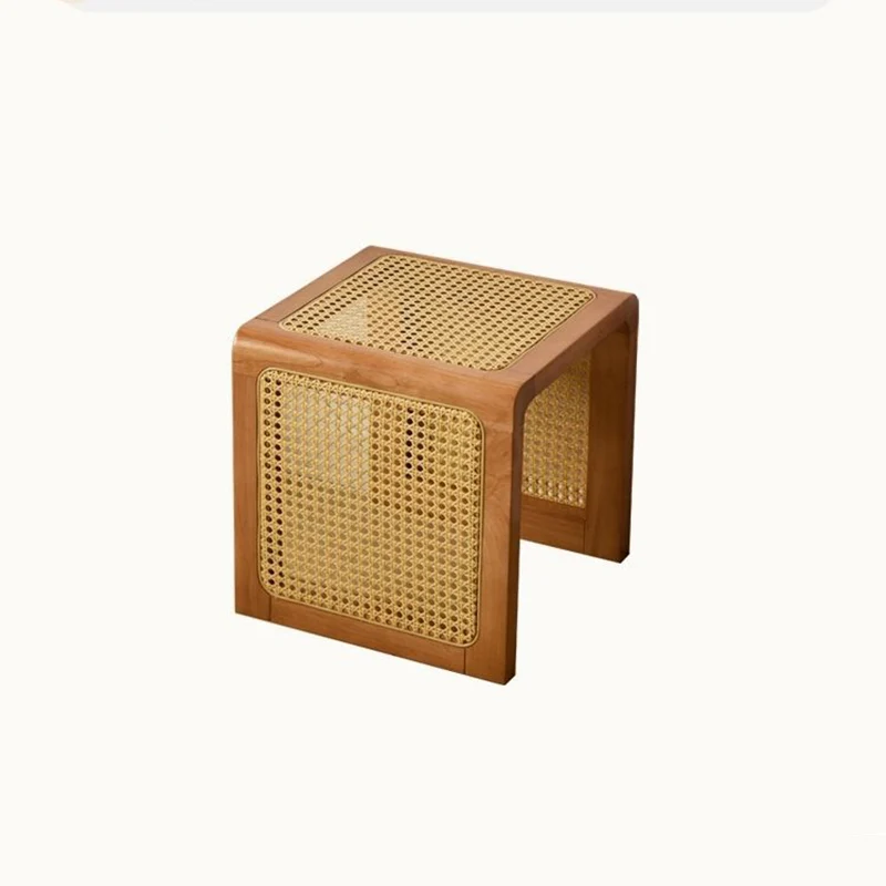 Traditional Rustic U-Shape Plywood Faux Rattan Weaving End Table 2-Tier For Living Room
