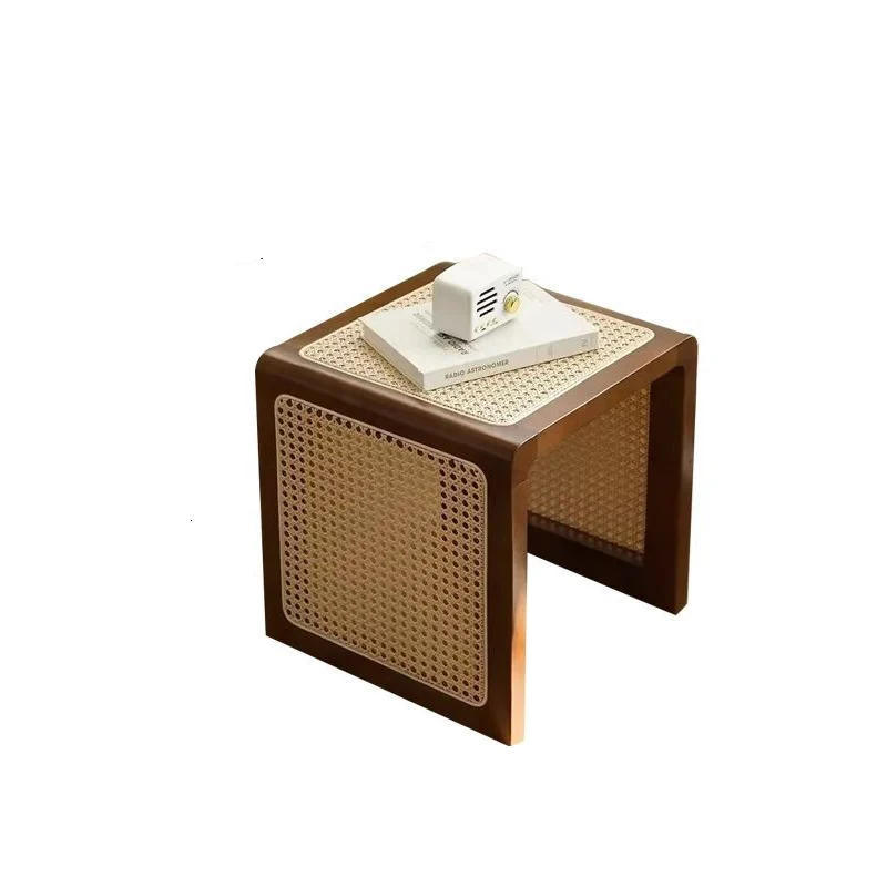 Traditional Rustic U-Shape Plywood Faux Rattan Weaving End Table 2-Tier For Living Room