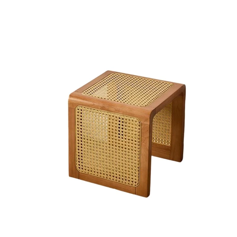 Traditional Rustic U-Shape Plywood Faux Rattan Weaving End Table 2-Tier For Living Room
