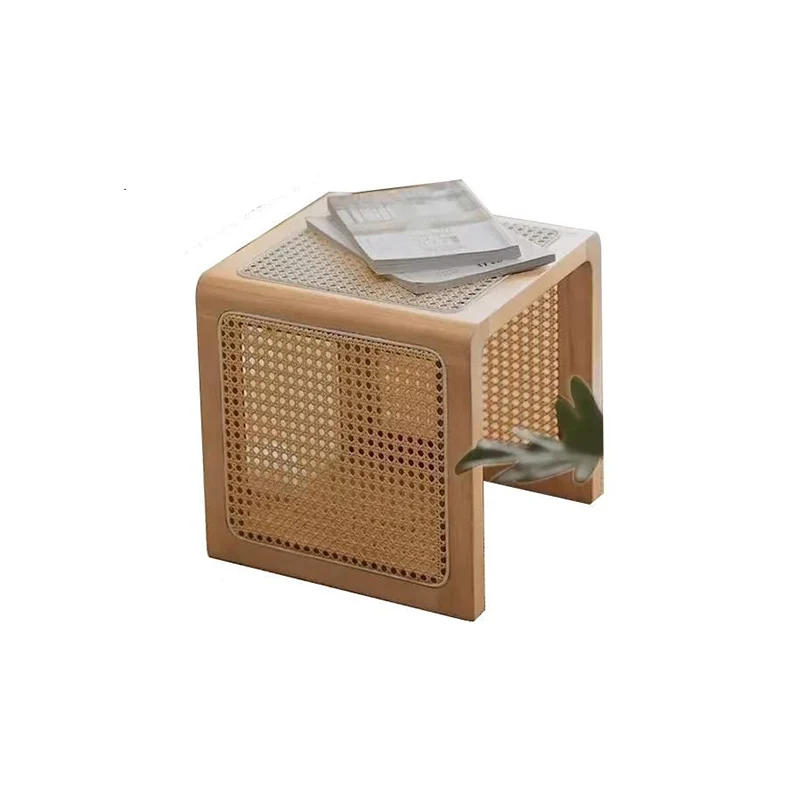 Traditional Rustic U-Shape Plywood Faux Rattan Weaving End Table 2-Tier For Living Room