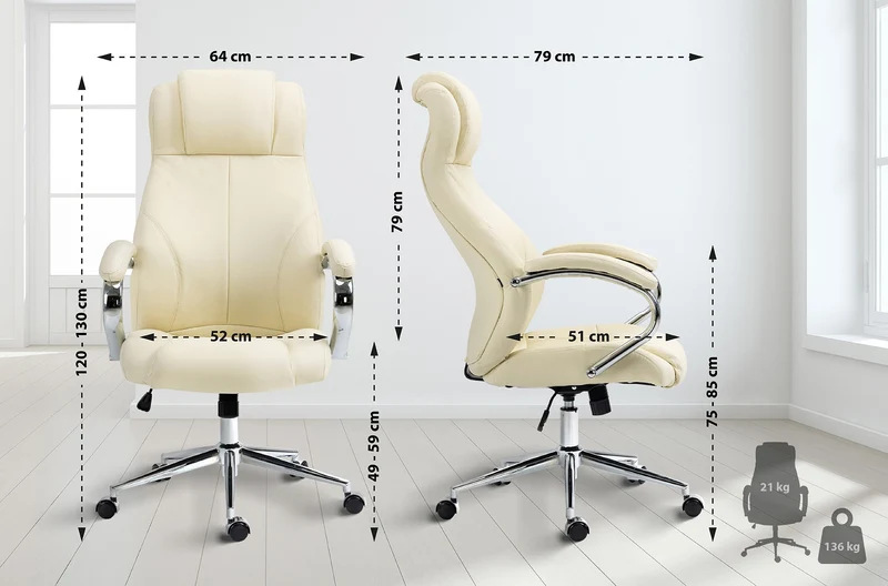 Fauteuil de bureau sur roulettes dossier ergonomique en S appui-tête en cuir véritable crème et métal 10_0006995