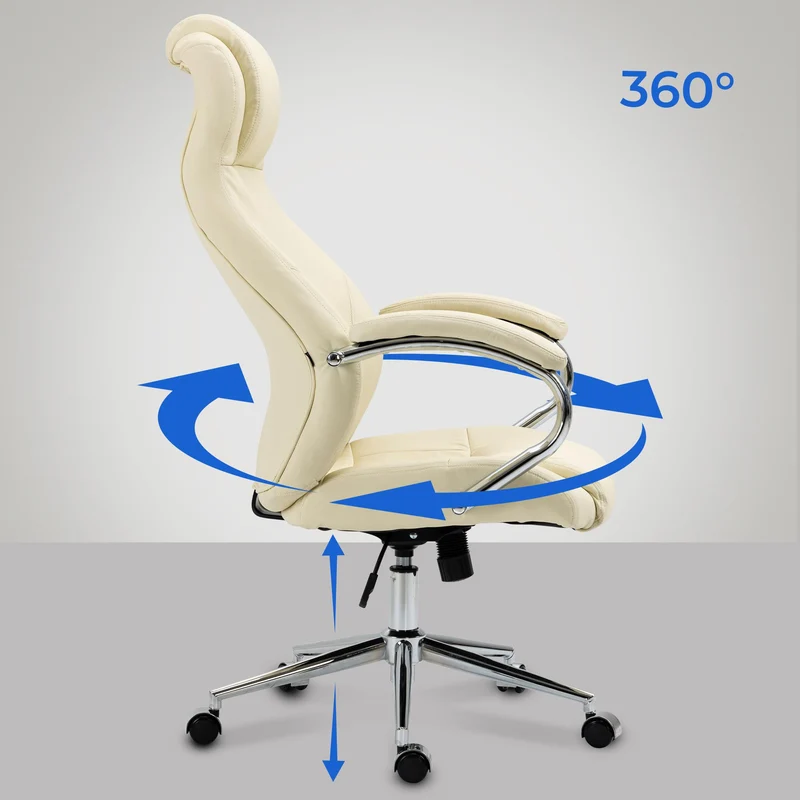 Fauteuil de bureau sur roulettes dossier ergonomique en S appui-tête en cuir véritable crème et métal 10_0006995