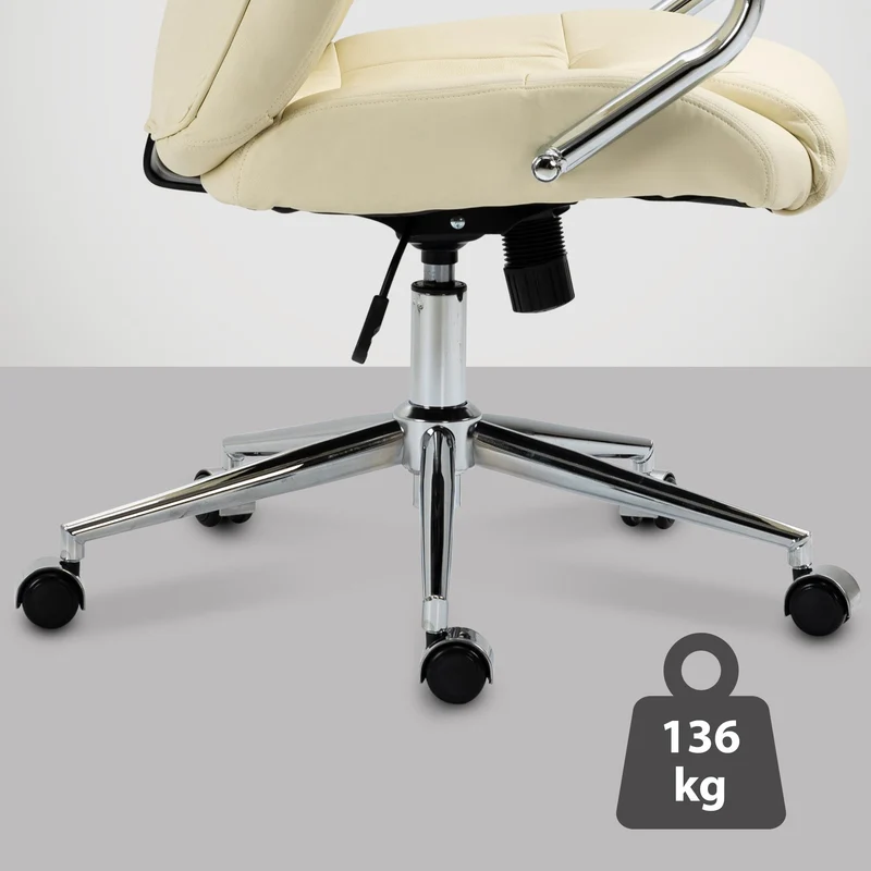 Fauteuil de bureau sur roulettes dossier ergonomique en S appui-tête en cuir véritable crème et métal 10_0006995