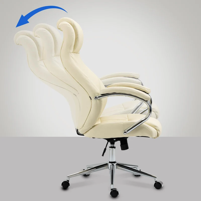 Fauteuil de bureau sur roulettes dossier ergonomique en S appui-tête en cuir véritable crème et métal 10_0006995