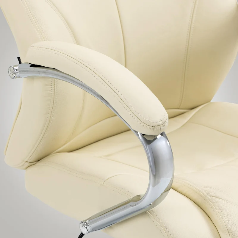 Fauteuil de bureau sur roulettes dossier ergonomique en S appui-tête en cuir véritable crème et métal 10_0006995