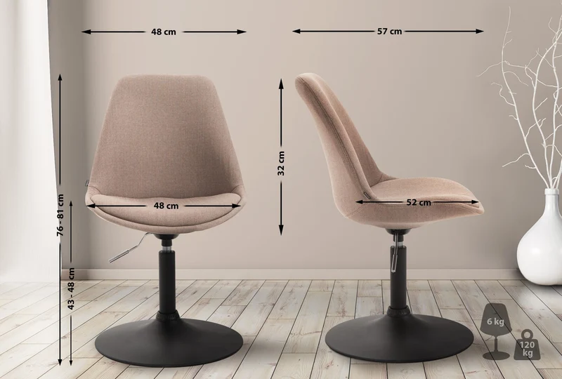 Chaise de salle à manger x1 pivotante hauteur réglable en tissu taupe et pied trompette en métal noir 10_0003773