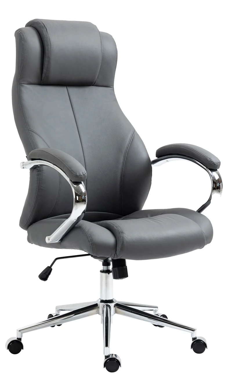Fauteuil de bureau sur roulettes dossier ergonomique en S appui-tête en cuir véritable gris et métal 10_0007058