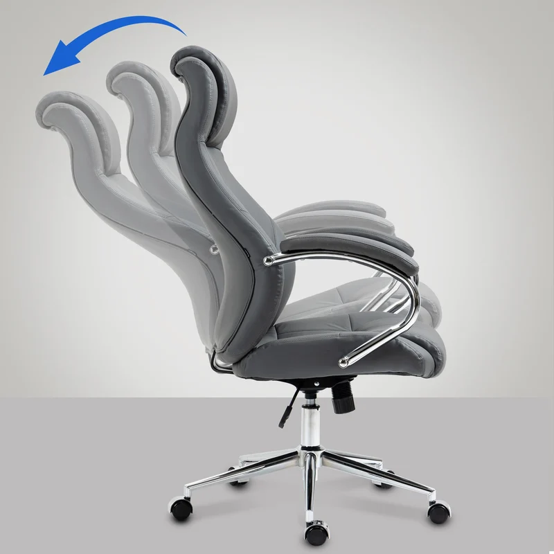 Fauteuil de bureau sur roulettes dossier ergonomique en S appui-tête en cuir véritable gris et métal 10_0007058