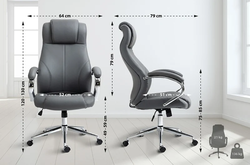 Fauteuil de bureau sur roulettes dossier ergonomique en S appui-tête en cuir véritable gris et métal 10_0007058