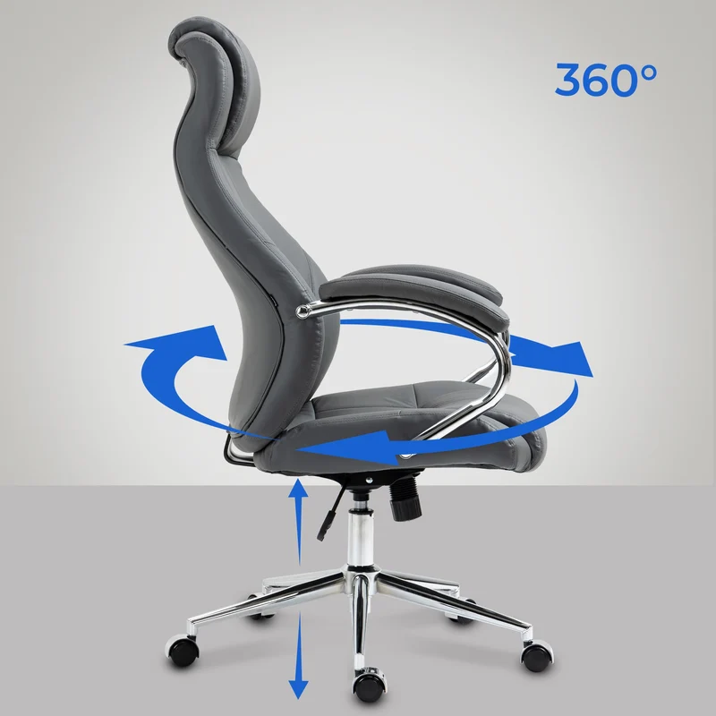 Fauteuil de bureau sur roulettes dossier ergonomique en S appui-tête en cuir véritable gris et métal 10_0007058