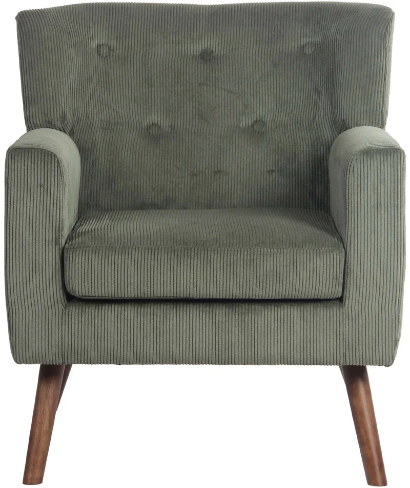 Fauteuil élégant en velours côtelé vert avec dossier à boutons capitonnés pieds en bois 10_0008241