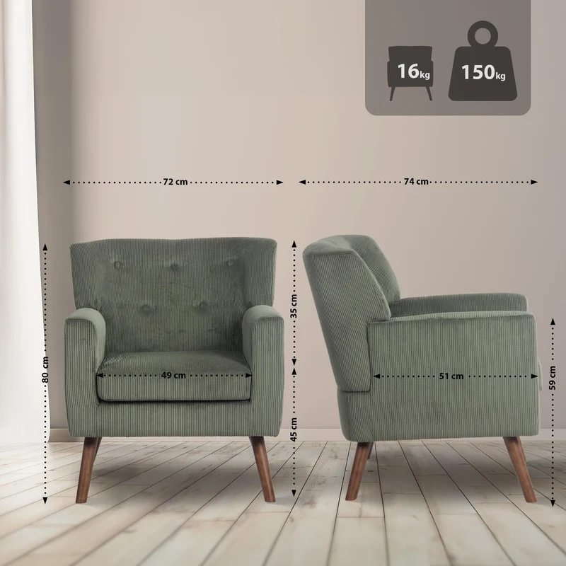 Fauteuil élégant en velours côtelé vert avec dossier à boutons capitonnés pieds en bois 10_0008241
