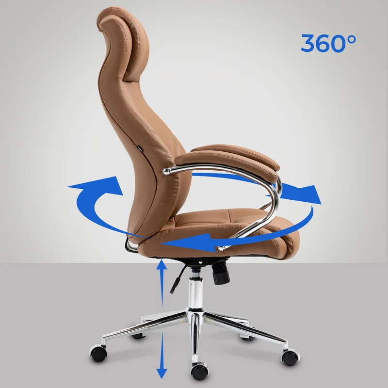 Fauteuil de bureau sur roulettes dossier ergonomique en S appui-tête en cuir véritable marron clair et métal 10_0006955