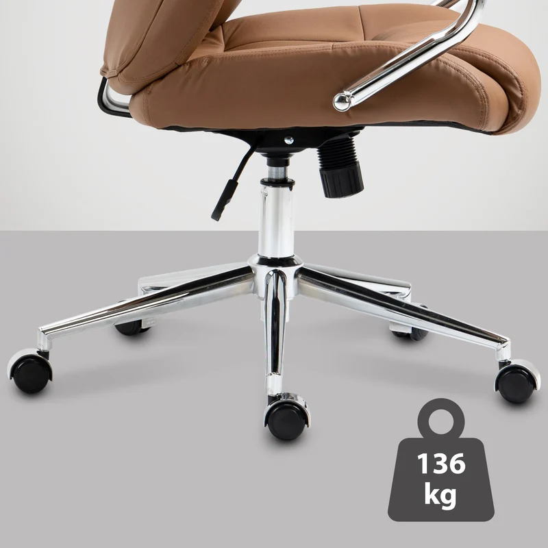 Fauteuil de bureau sur roulettes dossier ergonomique en S appui-tête en cuir véritable marron clair et métal 10_0006955