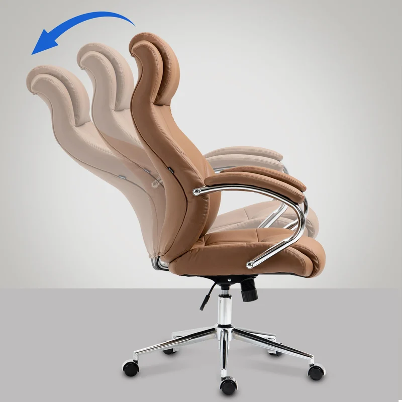 Fauteuil de bureau sur roulettes dossier ergonomique en S appui-tête en cuir véritable marron clair et métal 10_0006955
