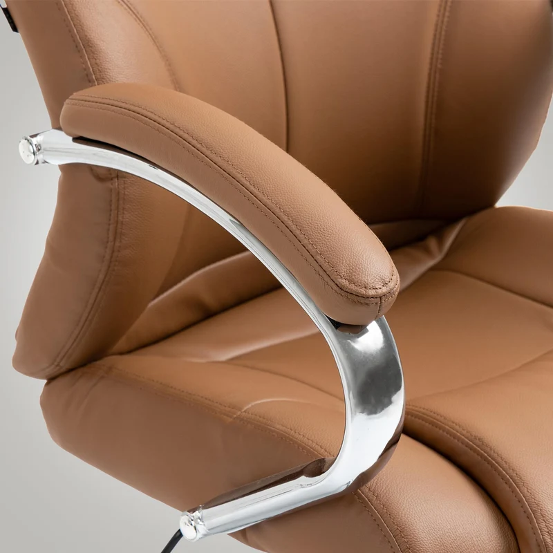 Fauteuil de bureau sur roulettes dossier ergonomique en S appui-tête en cuir véritable marron clair et métal 10_0006955